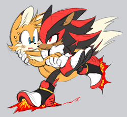 Size: 766x701 | Tagged: safe, artist:shadails, miles "tails" prower, shadow the hedgehog, blushing, carrying them, duo, gay, grey background, shadails, shipping, simple background, skating, sketch, sweatdrop