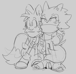 Size: 734x714 | Tagged: safe, artist:shadails, miles "tails" prower, shadow the hedgehog, duo, gay, grey background, holding hands, looking offscreen, monochrome, older, scarf, shipping, simple background, sketch