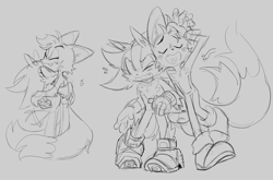 Size: 1383x915 | Tagged: safe, artist:shadails, miles "tails" prower, shadow the hedgehog, blushing, dramatic, duo, gay, grey background, heart tongue, height difference, holding hands, hugging, leaning on them, monochrome, older, shadails, shipping, simple background, sketch, walking