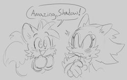 Size: 922x581 | Tagged: safe, artist:shadails, miles "tails" prower, shadow the hedgehog, blushing, bust, complimenting, dialogue, duo, english text, gay, grey background, looking at each other, looking back at them, monochrome, shadails, shipping, simple background, sketch, speech bubble, standing