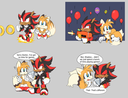Size: 2048x1571 | Tagged: safe, artist:shadails, miles "tails" prower, shadow the hedgehog, balloon, chaos emerald, circus park zone, dialogue, duo, english text, flying, gay, grey background, gun, question mark, shadails, shadow the hedgehog (video game), shipping, simple background, skating, speech bubble, spinning tails