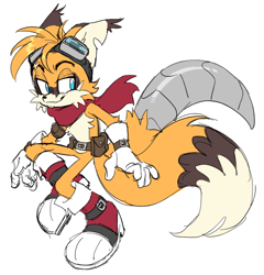 Size: 916x953 | Tagged: safe, artist:shadails, miles "tails" prower, aged up, belt, colored ears, colored tail, goggles, headcanon, lidded eyes, looking offscreen, mid-air, older, prosthetic, simple background, smile, solo, white background
