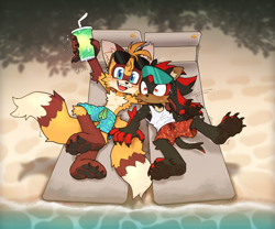 Size: 2048x1700 | Tagged: safe, artist:shadails, miles "tails" prower, shadow the hedgehog, abstract background, beach, blushing, claws, drink, duo, frown, gay, holding something, looking at viewer, older, pawpads, shadails, shipping, smile, sweatdrop, swim shorts, tank top
