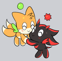Size: 371x363 | Tagged: safe, artist:shadails, chao, blushing, character chao, duo, eyes closed, flying, gay, genderless, grey background, holding each other, mid-air, shadails, shadow chao, shipping, simple background, smile, tails chao