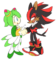 Size: 781x824 | Tagged: safe, artist:shadails, cosmo the seedrian, shadow the hedgehog, blushing, duo, looking at them, looking away, shaking hands, simple background, standing, sweatdrop, white background