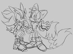 Size: 936x688 | Tagged: safe, artist:shadails, miles "tails" prower, shadow the hedgehog, blushing, duo, gay, grey background, monochrome, shadails, shipping, simple background, sketch, standing