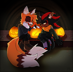 Size: 2048x2016 | Tagged: safe, artist:shadails, miles "tails" prower, shadow the hedgehog, abstract background, blushing, coat, duo, fangs, g.u.n logo, gay, halloween, head rest, mouth open, older, pants, pumpkin, shadails, shipping, sitting, smile