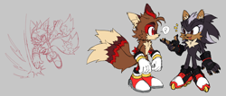 Size: 2048x873 | Tagged: safe, artist:shadails, miles "tails" prower, shadow the hedgehog, alternate universe, attacking, duo, looking at each other, question mark, role swap, simple background, standing, talking