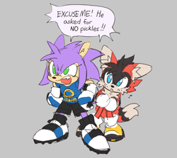 Size: 1140x1016 | Tagged: safe, artist:shadails, oc, oc:cain the fox, oc:lylah the hedgehog, fox, hedgehog, ask response, blue eyes, clothes, dialogue, duo, english text, fankid, frown, green eyes, looking offscreen, magical gay spawn, mouth open, oc only, parent:amy, parent:shadow, parent:sonic, parent:tails, parents:shadails, parents:sonamy, purple fur, red fur, standing, tomboy, yelling