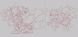Size: 2048x981 | Tagged: safe, artist:shadails, amy rose, miles "tails" prower, shadow the hedgehog, sonic the hedgehog, clapping, gay, grey background, group, holding each other, kiss, monochrome, shadails, shipping, simple background, sketch, standing