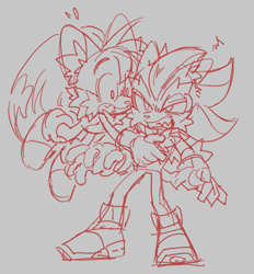 Size: 1005x1083 | Tagged: safe, artist:shadails, miles "tails" prower, shadow the hedgehog, duo, eye twitch, flying, gay, grey background, holding them, monochrome, mouth open, shadails, shipping, simple background, sketch, spinning tails, standing