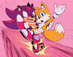 Size: 540x425 | Tagged: safe, artist:konicunai, miles "tails" prower, shadow the hedgehog, abstract background, carrying them, duo, edit, gay, looking at them, mouth open, shadails, shipping, skating, sweatdrop