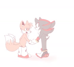 Size: 2018x1824 | Tagged: safe, artist:konicunai, miles "tails" prower, shadow the hedgehog, blushing, duo, gay, holding hands, looking at each other, mouth open, shadails, shipping, simple background, sketch, smile, standing, white background