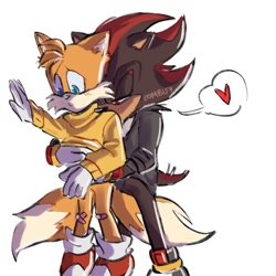 Size: 1000x1000 | Tagged: safe, artist:zevensfw, miles "tails" prower, shadow the hedgehog, blushing, duo, gay, heart, jumper, lidded eyes, lifting shirt, looking at something, older, plaster, shadails, shipping, simple background, standing, white background