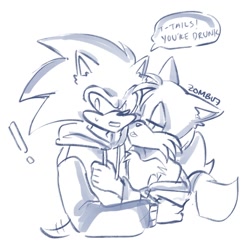 Size: 1000x1000 | Tagged: safe, artist:zevensfw, miles "tails" prower, sonic the hedgehog, bust, dialogue, drunk, duo, english text, exclamation mark, gay, holding each other, looking at them, looking offscreen, monochrome, mouth open, older, shipping, simple background, sonic x tails, speech bubble, sweatdrop, tongue out, white background