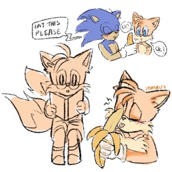 Size: 1000x1000 | Tagged: suggestive, artist:zevensfw, miles "tails" prower, sonic the hedgehog, banana, blushing, book, bust, dialogue, duo, english text, eyes closed, glasses, holding something, lidded eyes, older, reading, simple background, sitting, speech bubble, suggestive eating, tongue out, white background