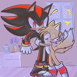 Size: 2048x2048 | Tagged: safe, artist:shadykid99, miles "tails" prower, shadow the hedgehog, abstract background, astraphobia, bedroom, blushing, cute, duo, exclamation mark, eyes closed, gay, lightning, looking at them, mouth open, scared, shadails, shipping, standing, surprise hug, sweatdrop, table, tailabetes, window