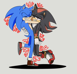 Size: 1024x981 | Tagged: safe, artist:strawberrypon, shadow the hedgehog, sonic the hedgehog, 2016, clenched teeth, duo, eyes closed, frown, gay, grey background, heart, hugging, lidded eyes, shadow (lighting), shadow x sonic, shipping, simple background, smile