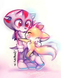 Size: 1080x1384 | Tagged: source needed, safe, artist:sukesha ray, miles "tails" prower, shadow the hedgehog, abstract background, blushing, cute, duo, english text, eyes closed, frown, gay, hugging, looking at them, mouth open, outline, shadabetes, shadails, shipping, signature, smile, tailabetes
