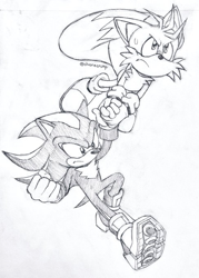 Size: 487x680 | Tagged: safe, artist:chronocrump, miles "tails" prower, shadow the hedgehog, carrying them, clenched fist, duo, flying, frown, grey background, holding hands, looking ahead, simple background, sketch, spinning tails, sweatdrop, traditional media