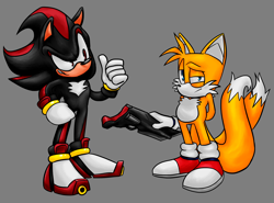 Size: 4000x2960 | Tagged: safe, artist:tyuleninsfd, miles "tails" prower, shadow the hedgehog, 2021, clenched teeth, duo, grey background, gun, hand behind back, holding something, looking at them, simple background, smile, standing, thumbs up