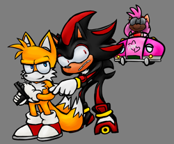 Size: 4443x3685 | Tagged: safe, artist:tyuleninsfd, amy rose, miles "tails" prower, shadow the hedgehog, 2021, car, clenched teeth, driving, frown, grey background, gun, holding something, looking at them, scared, sega and all stars racing, shadowed face, simple background, smile, standing, this will end in blood, trio