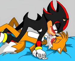 Size: 1000x802 | Tagged: artist needed, source needed, safe, miles "tails" prower, shadow the hedgehog, bed, blushing, gay, grey background, kiss, lying back, makeout, pinning them, saliva, shadails, shipping, simple background, tongue out