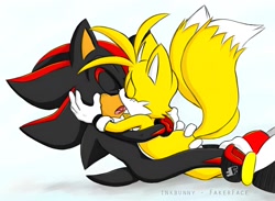 Size: 1860x1362 | Tagged: source needed, safe, artist:fakerface, miles "tails" prower, shadow the hedgehog, duo, eyes closed, french kiss, gay, hand on another's butt, kiss, lying back, lying on them, mouth open, shadails, shadow (lighting), shipping, simple background, tongue out, white background