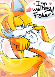 Size: 500x700 | Tagged: suggestive, artist:fakerface, miles "tails" prower, chest fluff, clenched teeth, dialogue, english text, heart, implied shadow, lidded eyes, looking offscreen, lying down, older, stupid sexy tails