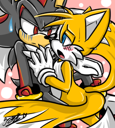 Size: 650x720 | Tagged: safe, artist:therealshadow, miles "tails" prower, shadow the hedgehog, abstract background, awkward, blushing, duo, frown, gay, hand on another's chest, lidded eyes, looking at each other, mouth open, shadails, shipping, signature, sitting, sweatdrop
