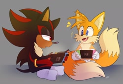 Size: 2048x1407 | Tagged: safe, artist:zombieeparty, miles "tails" prower, shadow the hedgehog, abstract background, duo, frown, gaming, holding something, legs crossed, lidded eyes, looking at each other, mouth open, nintendo switch, signature, sitting, smile