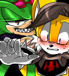 Size: 600x667 | Tagged: safe, artist:peachthehedgehog, miles (anti-mobius), scourge the hedgehog, blushing, clenched teeth, duo, gay, lidded eyes, pinning them, scouriles, shipping, smile, sweatdrop