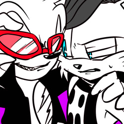 Size: 900x900 | Tagged: safe, artist:peachthehedgehog, miles (anti-mobius), scourge the hedgehog, 2014, arm around shoulders, clenched teeth, confused, duo, gay, looking at them, purple background, scouriles, shipping, simple background, sweatdrop