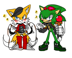 Size: 1000x800 | Tagged: safe, artist:peachthehedgehog, miles (anti-mobius), scourge the hedgehog, 2014, blushing, duo, frown, holding something, looking at viewer, looking offscreen, simple background, skipping rope, smile, sparkles, standing, toy, white background