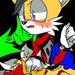 Size: 1000x1000 | Tagged: safe, artist:peachthehedgehog, miles "tails" prower, miles (anti-mobius), scourge the hedgehog, sonic the hedgehog, black background, blushing, crying, eye twitch, gay, grabbing, group, hand on another's face, holding hands, kneeling, looking offscreen, miles x tails, mouth open, offscreen character, scouriles, shipping, simple background, solo focus, soniles, sweatdrop, tears