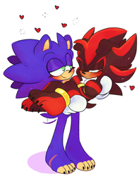 Size: 2970x3772 | Tagged: safe, artist:dirtyteeths, shadow the hedgehog, sonic the hedgehog, 2020, barefoot, blushing, carrying them, duo, eyelashes, floppy ears, frown, gay, grumpy, heart, lidded eyes, looking at them, looking away, one eye closed, scar, shadow x sonic, shipping, simple background, smile, standing, sweatdrop, white background