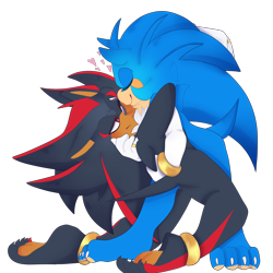 Size: 2000x2000 | Tagged: safe, artist:gidgetzz, shadow the hedgehog, sonic the hedgehog, 2019, barefoot, claws, duo, eyes closed, gay, heart, holding each other, looking at them, one eye closed, paws, shadow x sonic, shipping, simple background, smile, standing, transparent background