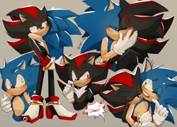 Size: 2048x1465 | Tagged: safe, artist:rugod_idw, shadow the hedgehog, sonic the hedgehog, blushing, carrying them, dialogue, duo, eyes closed, gay, grey background, heart, hugging, kiss, shadow x sonic, shipping, simple background, speech bubble, standing, sweatdrop