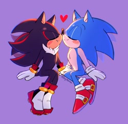 Size: 2048x1988 | Tagged: safe, artist:onlyastraa, shadow the hedgehog, sonic the hedgehog, blushing, cute, duo, eyes closed, gay, heart, nose boop, one fang, purple background, shadow x sonic, shadowbetes, shipping, simple background, sitting, smile, sonabetes