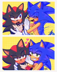 Size: 1616x2048 | Tagged: safe, artist:onlyastraa, shadow the hedgehog, sonic the hedgehog, abstract background, blushing, border, clenched teeth, duo, eyes closed, frown, gay, heart, holding them, lidded eyes, mouth open, shadow x sonic, shipping, signature, smile, sonabetes, standing, wagging tail