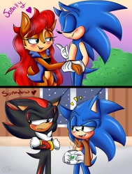 Size: 966x1280 | Tagged: safe, artist:theartyoshi, sally acorn, shadow the hedgehog, sonic the hedgehog, abstract background, bisexual, blushing, coffee, cup, gay, heart, indoors, outdoors, scarf, shadow x sonic, shipping, smile, sonally, standing, straight, trio