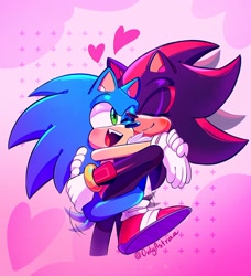 Size: 1620x1775 | Tagged: safe, artist:onlyastraa, shadow the hedgehog, sonic the hedgehog, abstract background, blushing, carrying them, cute, duo, eyes closed, gay, heart, hugging, looking at them, one fang, shadow x sonic, shadowbetes, shipping, smile, sonabetes, standing, wagging tail