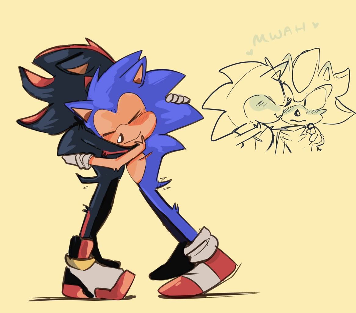 10560 - safe, artist:ailimauve_so, shadow the hedgehog, sonic the hedgehog,  hedgehog, 2023, blushing, blushing ears, duo, eyes closed, gay, grey  background, holding something, kiss, male, males only, shadow (lighting),  shipping, simple background