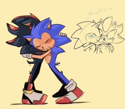 Size: 2048x1798 | Tagged: safe, artist:youhalfwit, shadow the hedgehog, sonic the hedgehog, arm fluff, blushing, duo, eyes closed, gay, heart, hugging, leg fluff, nuzzle, sfx, shadow x sonic, shipping, shoulder fluff, simple background, sketch, smile, standing, top surgery scars, trans male, transgender, wagging tail, yellow background
