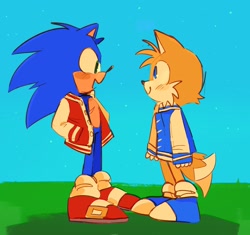 Size: 2048x1923 | Tagged: safe, artist:youhalfwit, miles "tails" prower, sonic the hedgehog, abstract background, blue shoes, blushing, duo, hands in pocket, jacket, looking at each other, mouth open, outdoors, smile, standing, top surgery scars, trans male, transgender