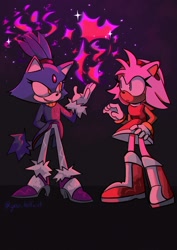 Size: 1448x2048 | Tagged: safe, artist:youhalfwit, amy rose, blaze the cat, abstract background, duo, fire, looking at each other, sparkles, standing