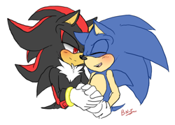 Size: 1820x1300 | Tagged: safe, artist:blueneedle-inu, shadow the hedgehog, sonic the hedgehog, 2014, blushing, bust, duo, eyes closed, flat colors, gay, holding hands, lidded eyes, looking at them, mouth open, shadow x sonic, shipping, signature, simple background, smile, standing, white background