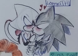 Size: 568x413 | Tagged: safe, artist:lenchi05, espio the chameleon, sonic the hedgehog, blushing, bust, duo, eyes closed, gay, grey background, heart, holding each other, kiss, monochrome, shipping, simple background, sonespio, traditional media