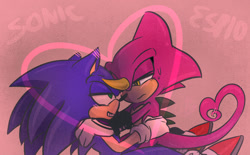 Size: 1280x793 | Tagged: safe, artist:asb-fan, espio the chameleon, sonic the hedgehog, abstract background, character name, duo, frown, gay, heart, heart tail, hugging, lidded eyes, looking at each other, shipping, sitting on them, smile, sonespio, sweatdrop