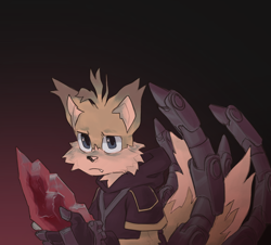 Size: 2048x1853 | Tagged: safe, artist:heckinzeem, miles "tails" prower, nine, sonic prime, frown, gradient background, holding something, looking offscreen, one fang, paradox prism, solo, standing